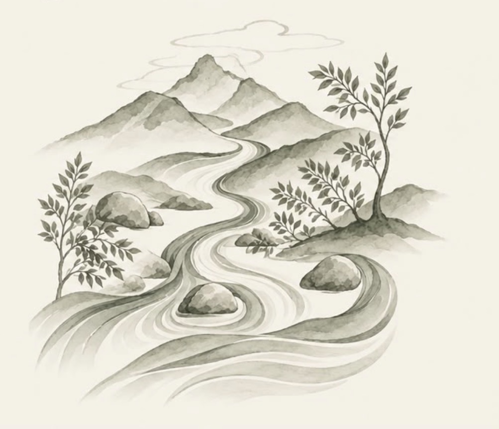 Watercolour landscape with a winding river, mountains and trees